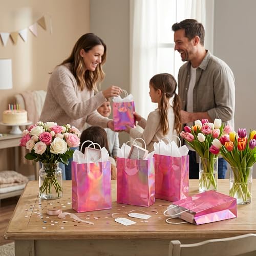BLEWINDZ 32Pcs Small Paper Gift Bags with Tissues, Iridescent Party Favor Bags with Handles, Holographic Pink Gift Bag for Wedding Baby Shower Birthday Party Supplies - color: 11-Iridescent Pink-S