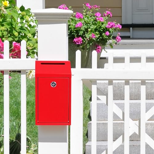 Sumerfnt Money Cash Drop Box Wall Mount, Metal Money Box with Lock and Slot, Money Collection for Farm Stand Supplies, Self-Serve, Tips, Fundraising, 10.24" x 5.7" x 2.95", 4 Keys, Red - color: Red