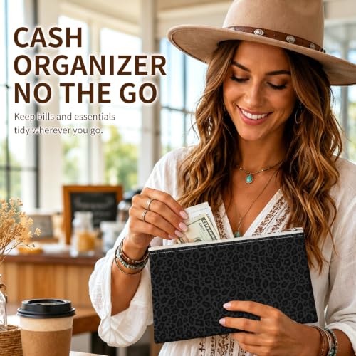 Money Bag with Zipper, Cute PU Leather Cash Bags, Portable Bank Bag Money Pouch for Cash, Coins, Checks, Receipts, Invoices Cosmetics Tools, Deposit Bag for Office Travel, Black Leopard - color: Black Leopard