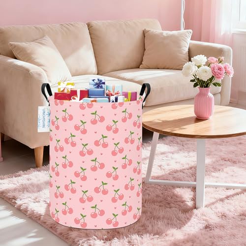 Round Laundry Basket Collapsible Storage Hamper Organizer Pink Cherry - color: Pink Cherry