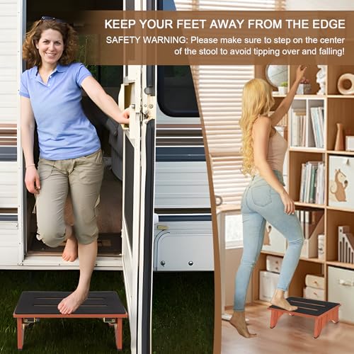 Step Stool Foldable, Wooden Step Stool with Non-Slip Rubber Stepping Platform, Folding Step Stools for Adults Seniors in Bedroom, Kitchen Bathroom, RV, Bed Steps for High Beds, No Assemble (Brown) - size: 5.5 Inch High
