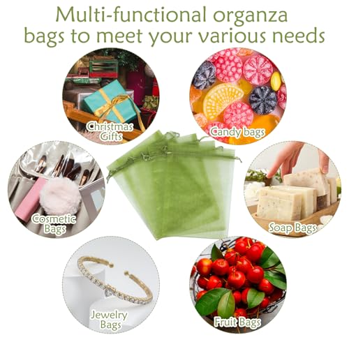 Alrhso 50Pcs Sage Green Party Favor Bag Organza Drawstring Bags 6''X7.8'' Olive Green Mesh Gift Bags Fruit Protection Netting Bag Draw String Packaging Bages for Fruit Wrap Candy Jewelry Festival