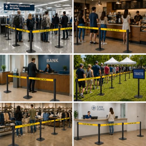 4 Pack Crowd Control Stanchions with 10 FT “Please Wait HERE” Retractable Belts, Black Queue Barrier Posts with Weighted Rubber Bases, 4-Way Connection for Line Control - color: Please Wait HERE, size: Rectangular Base