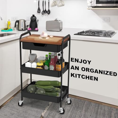 3 Tier Rolling Cart with Drawer, Metal Utility Cart with Table Top - color: Black