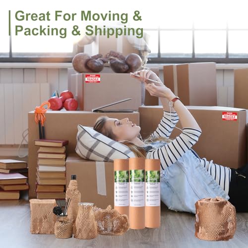 Neworld Honeycomb Packing Paper,Eco Friendly Bubble Cushioning Wrap for Moving,Products & Gifts Wrapping Paper,Recyclable Cushioning Packing Material (15" x 50') With 20 Fragile Sticker Labels
