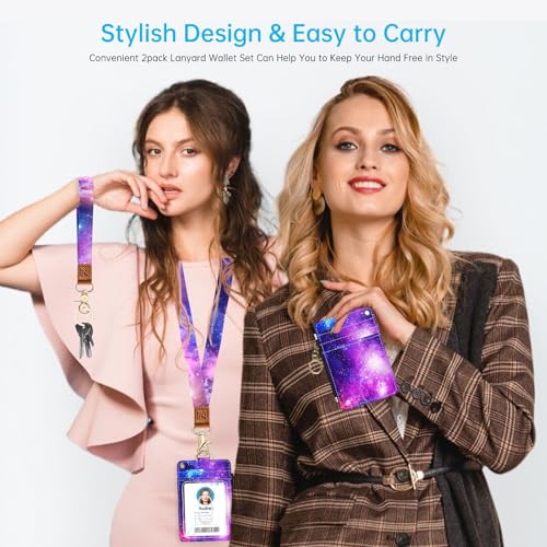 2-in-1 ID Badge Holder & Lanyard Wallet,Cute Zippered Pouch Starry Sky - color: Purple Starry Sky