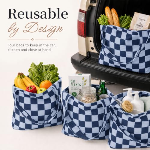 Checkered Reusable Grocery Shopping Bags 4 Packs, Cute Checkerboard Foldable Kitchen Large Nano Tote Bags - color: Navy