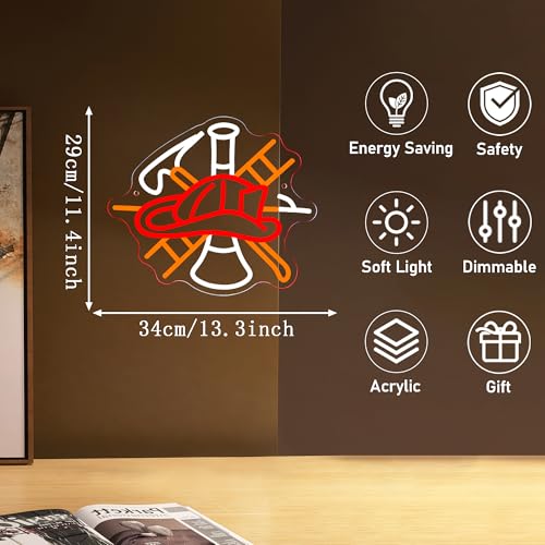 Mutank Firefighter Gear Neon Sign, Fire Equipment Neon Light USB Powered LED Dimmable, for Fire Department Rescue Room Rescue Team Fire Truck Emergency Responder Department Sign(13.3 * 11.4 In) - color: Red+White+Orange