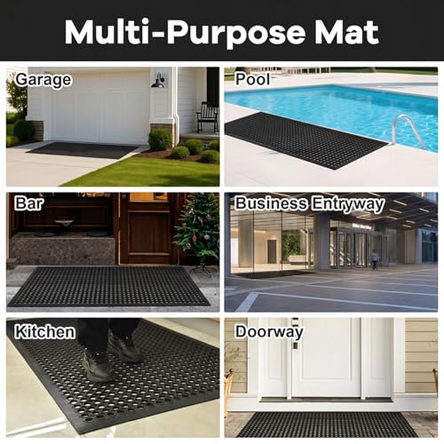 58" X 35" Rubber Mat with Drainage Black Anti-Slip Outdoor Door Mat