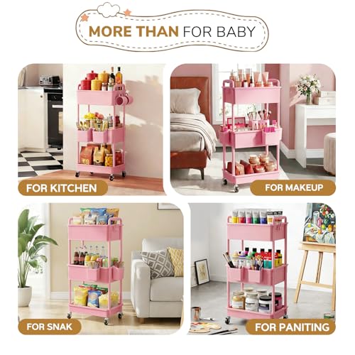 Goovilla Diaper Cart with Lockable Wheels and Easy Assembly, 3 Tier Pink - color: Pink