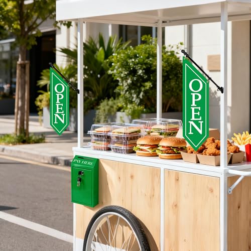 Locking Metal Cash Box with Key – 10.2"x5.7"x2.8" Money Collection Safe for Farm Stand or Retail – OPEN Flag Banner Kit with Pole & Bracket, Double-Sided Canvas Open Sign 42"x12" (Green) - color: Green