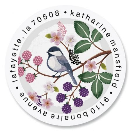 Berry Branch Chickadee Round Address Labels- Set of 144 1-1/2" Diameter Self-Adhesive, Flat-Sheet Labels - style: Berry Branch