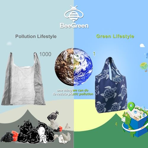 BeeGreen Reusable Grocery Shopping Bag -Travel Tote Bag - Foldable Compact Sturdy Bags - color: Grey Froal Flowers, style: Standard Extra Large