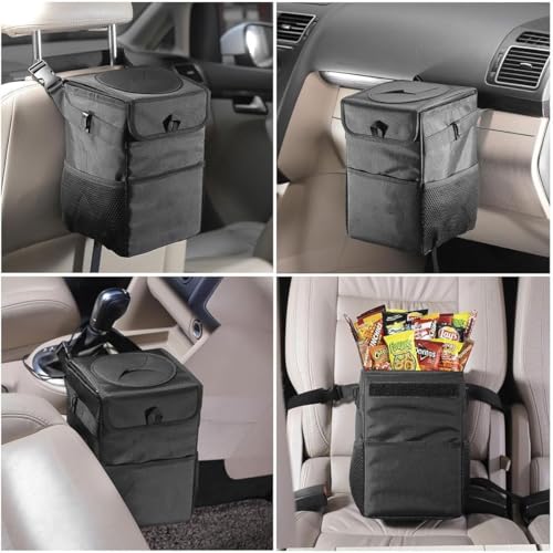 Car Trash Can with Lid, Leakproof Car Trash Bag Hanging Waterproof Automotive Garbage Can with Storage Pockets Mini Vehicle Trash Bin for Back/Front Seat (2.5 Gallon)