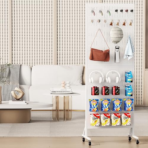 Pegboard Display Stand with Wheels, 24" x 70" Peg Board Stand, White - color: White