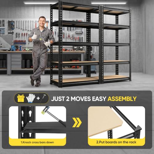 REIBII Garage Shelving, 5-Tier Storage Shelves Load 2410LBS, Adjustable Storage Rack for Garage, Pantry, Closet, Steel Frame, 35.6" W x 72.1" H x 11.9" D, Black - size: 35.6" W x 72.1" H x 11.9" D