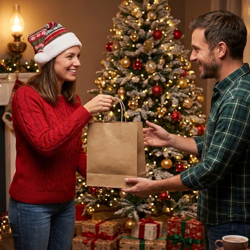 OUTUXED 100pcs 8x4x10in Brown Paper Bags with Handles Kraft Paper Gift Bags - color: Brown 8x4x10in, size: 1 Count (Pack of 100)