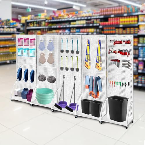 NectaCol 2'x 6' Metal Pegboard Display Stand with a Plate, Peg Board Panels, Standing Pegboard Display, Craft Fair Display Rack, Art Display Stand, Extra 10 pieces Hooks - White - color: 1 Pack White