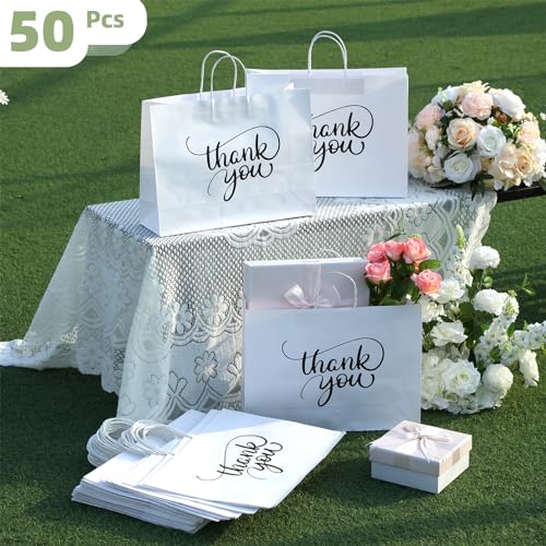 Sayglossy 50 Pcs Large Thank You Gift Bags 16.5 x 5 x 12 Inch White Thank You Kraft Paper Bags with Handles for Wedding Birthday Shopping Party Favor Employee Appreciation Gifts
