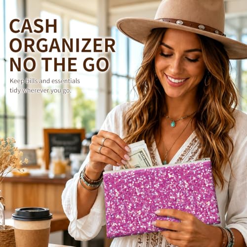 Money Bag with Zipper, Cute PU Leather Cash Bags, Portable Bank Bag Money Pouch for Cash, Coins, Checks, Receipts, Invoices Cosmetics Tools, Deposit Bag for Office Travel, Pink Glitter - color: Pink Glitter