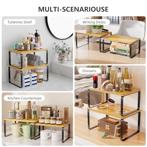 Simple Trending Bamboo Cabinet Organizer Shelf, Set of 2 Kitchen Counter Shelves, Stackable Expandable Spice Rack Kitchen Storage, Black and Natural Beige - color: Black and Natural