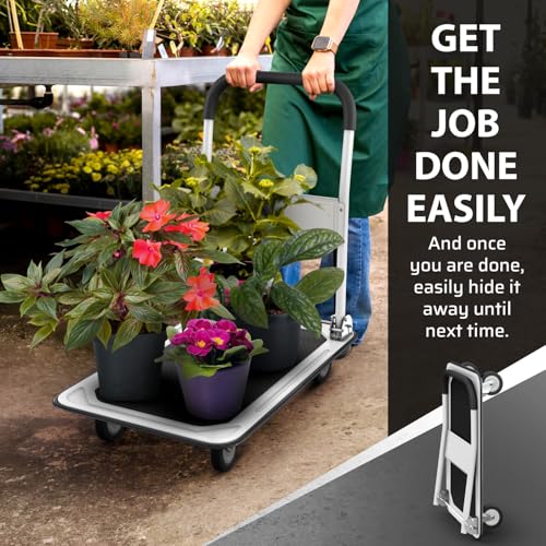 Heavy Duty Foldable Push Cart Dolly | 330 lbs. Capacity | Upgraded Collapsible Hand Truck Folding Platform with Swivel Wheels | Flat Bed Moving Wagon | Space Saving Push Handle (White) - color: White, 330 Lbs. Capacity