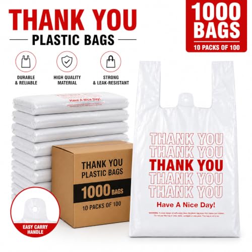 Thank You HDPE T-Shirt Grocery Bags, Medium : 18" x 10" x 5" (WHITE) - color: White