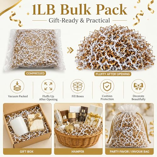 STRBOXONG White & Gold Crinkle Paper Filler 1 LB, Recyclable Crinkle Cut Paper Shred for Gift Baskets, Holiday Gift Boxes, Gift Bags, Party Favors, Wedding Favors and Retail Displays - color: White & Gold