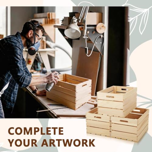 3 Pack Large Wood Crates Box for Storage, 16 x 12 x 9.5 Inch Unassembled Nesting Wood Boxes with Handles for Display Rustic Decor DIY Office Home Retail Art Craft (3, Brown)