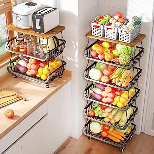MURRI&MURRDI Fruit Vegetable Storage Basket with Wooden Lid, 6 Tier Stackable Wire Kitchen Cart with Wheels, Tall Produce Snack Racks Display, Narrow Rolling Cart for Pantry Onion Potato, Black - color: 6 Black