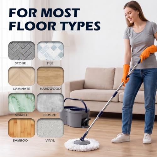 Masthome Spin Mop and Bucket Set,Easy Wring Foot Pedal Operated - color: Dark Blue