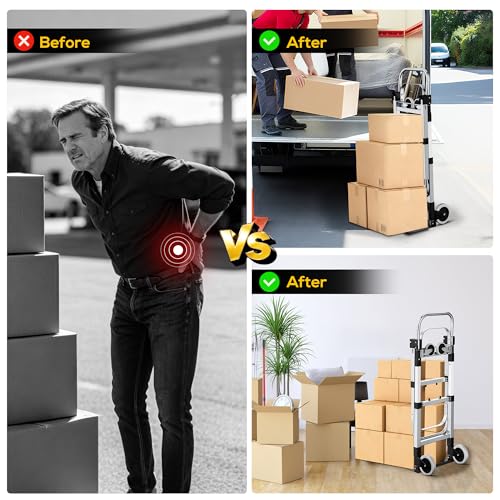 3 in 1 Convertible Hand Truck Dolly, 600Lbs Heavy Duty Folding Hand Truck Dolly Cart with Wheels, Adjustable Handle Angle & Expandable Base for Moving Home, Shopping, Office, Warehouse, Black