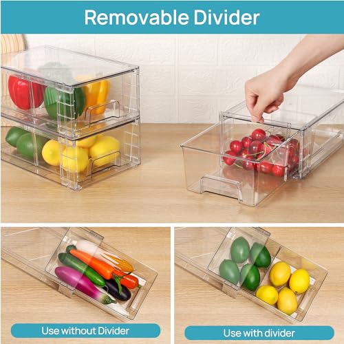 Vtopmart 6 Pack Stackable Storage Drawers,Clear Acrylic Drawer Organizers with Handles, Easily Assemble Containers for Fridge, Bathroom,Kitchen Undersink,Cabinet,Pantry Organization and Storage - size: 6Pack 4.4"H-with Dividers