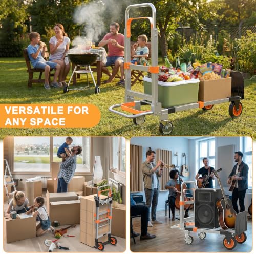 3 in 1 Aluminum Folding Hand Truck Dolly Cart Trolley with Wheels (Orange) - color: Orange Silver