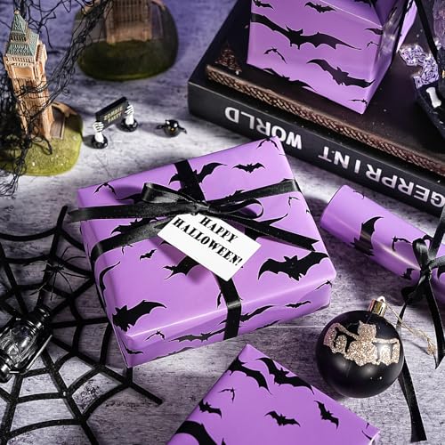 WRAPAHOLIC Bat Halloween Wrapping Paper - Mini Roll - 17 Inch x 16.5 Feet - Purple and Black Bat Wrapping Paper for Halloween Deco, Holiday, Party - color: Purple & Black Bat