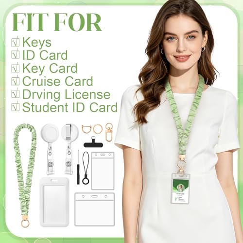 5 in 1 Set Green Scrunchies Lanyards for Id Badges, Stretchy Lanyard with ID Badges Holders for Women Teacher Nurse - color: Green