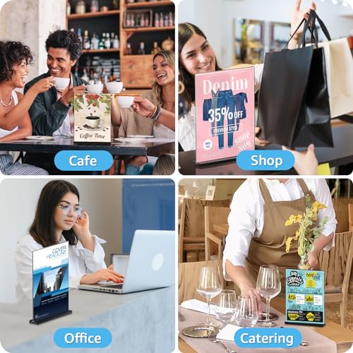 Acrylic Sign Holder 8.5x11, 6 Pack Double Sided Clear Display Stand with Black Base, T-Shape Table Number Holders, Plastic Picture Frames, Menu Brochure Sign Holder for Office, Show Fair, Restaurants