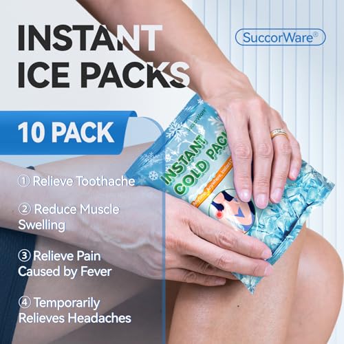 SuccorWare 10 Pack Instant Ice Packs for Injuries(4.9''x5.9'') Disposable Cold Packs for Pain Relief, Swelling, Sprains & Outdoor Activities - size: 10 Packs(4.9''x5.9'')