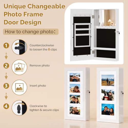 Bonnlo Wall-Mounted Jewelry Cabinet with 3-in-1 Photo Frame & Mirror, White - color: White, size: 3.55"D x 11.8"W x 23.6"H