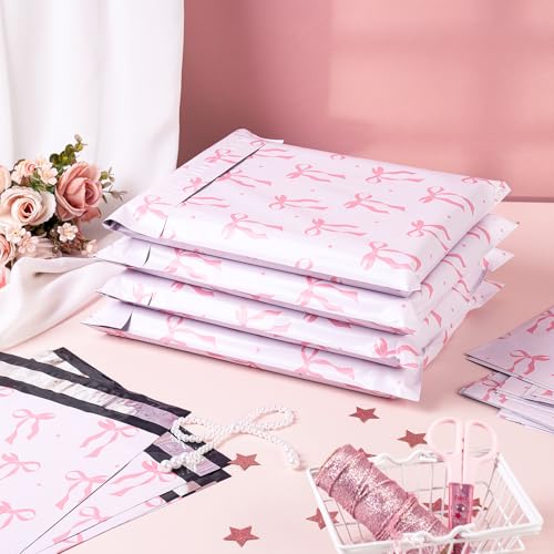 RUSPEPA 100 Pcs Pink Bow Poly Mailer, Coquette Bowknot Waterproof Shipping Mailers, Heavy Duty Self Adhesive Shipping Bags for Large Mailing Envelopes Bulk Tear Resistant Packaging, 10 x 13 Inches - color: Pink Bow, size: 10 x 13 Inches