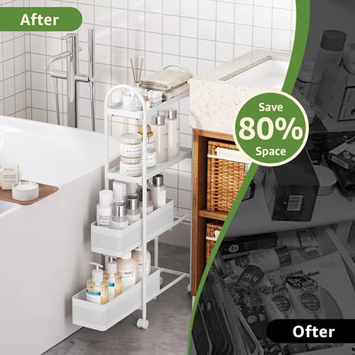 KINGRACK 4 Tier Slim Rolling Cart with Drawer, Metal Utility Storage Cart - color: White, size: 4 Tier-2BKT
