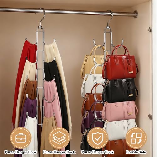 4 Pack Purse Organizer for Closet, Purse Hanger with 10 Big Hooks, 360 Degree Rotation Bag Holder for Organizer&Display, Foldable Space Saving Hangers Rack for Handbag, Belt, Scarf, Tie