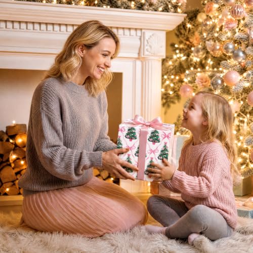 WERNNSAI Pink Christmas Wrapping Paper 17 In x 33 Ft Xmas Tree Gift Wrap - color: Christmas Pink Bow