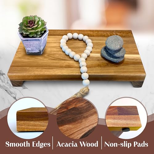 Natural Acacia Wood Pedestal Stand | Wood Riser with Decorative Beads | Kitchen Counter Decor | Soap Tray for Kitchen Sink | Bathroom Tray | Tabletop Wooden Stand (12" x 7" x 1.75" Inch) - size: 12"x7"x1.75"