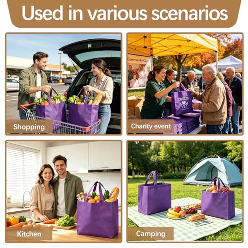 Reusable Grocery Bags 12.6 * 6.3 * 11.8 in - Non Woven Totes Bag with Reinforced Handles, Shopping Bags Bulk - color: Purple