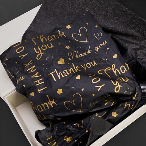 Hi Sasara 100 Sheets Black with Gold Thank You Tissue Paper, 14 x 20 inch, Perfect for Small Business and Gift Bags - color: Black with Gold