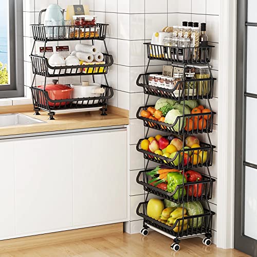 MURRI&MURRDI Fruit Vegetable Storage Baskets with Wheels, 6 Tier Stackable Wire Storage Baskets, Tall Standing Produce Kitchen Rack, Narrow Rolling Cart for Pantry Snack Onion Potato, Black - color: A Black