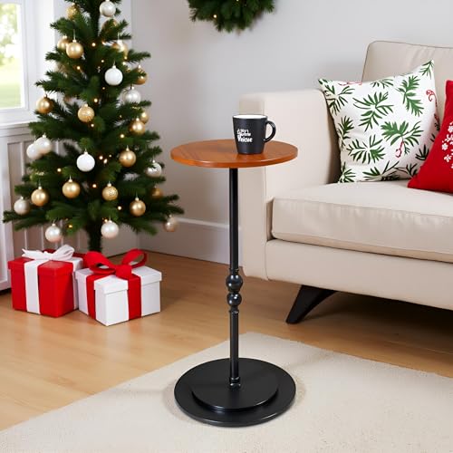 Small Round End Table, Tall Pedestal Drink Side Tables Living Room - color: Rustic Caramel and Black