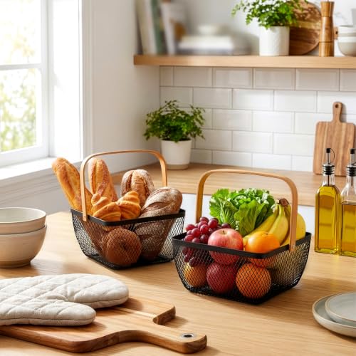 Tebery 2 Pcs Small Wire Mesh Basket with Handle, Metal Fruit Storage Organizer Bin, Grocery Shopping Harvest Market Baskets for Kitchen Counter, Pantry, Picnic, Bathroom, Black