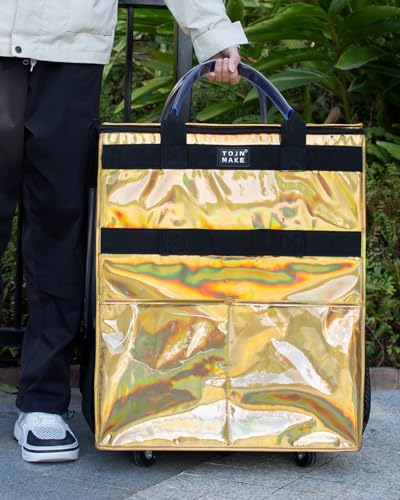 Reusable Grocery Bag with Wheels, Large Glitter Gold Rolling Tote - color: Glitter Gold, size: Large